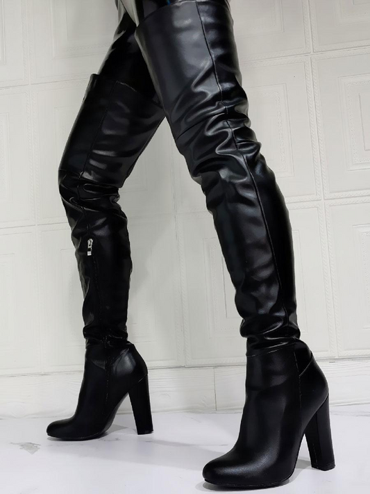 Black PU Leather Sky-High Chunky Heel Thigh-High Boots