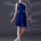 Navy Beaded Oblique Shoulder Sleeveless Ruffle Prom Dress