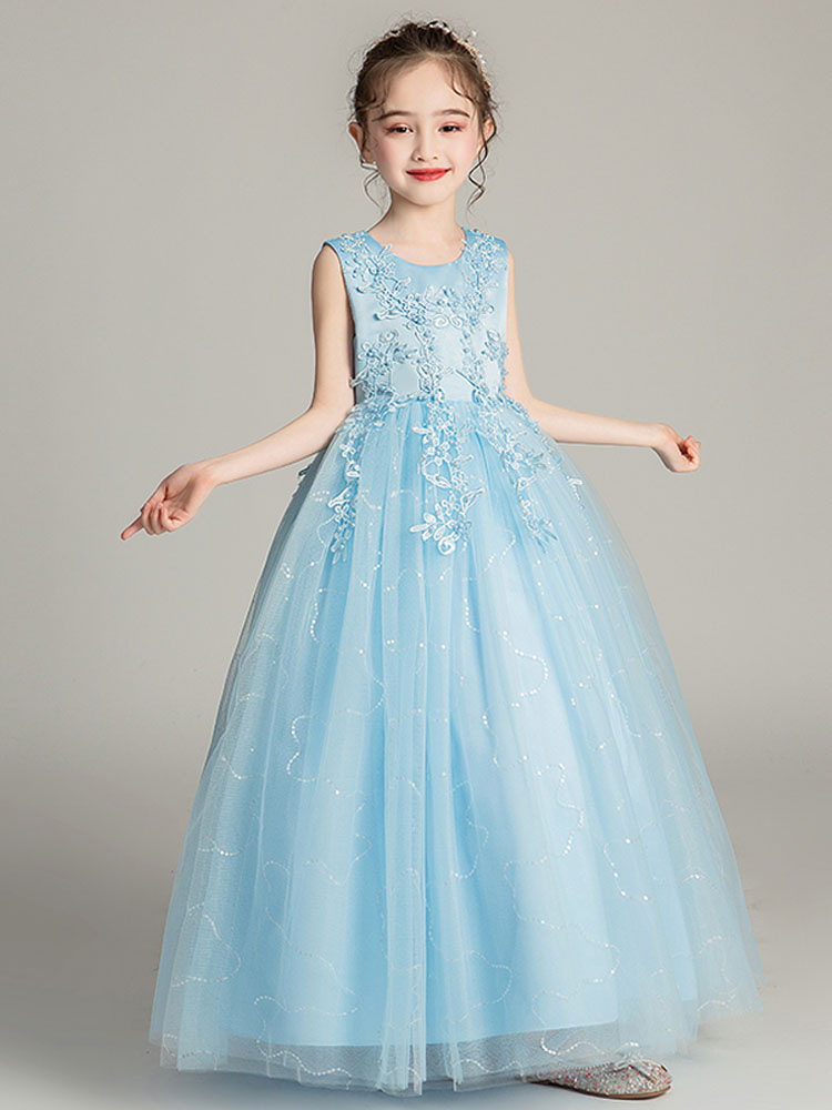 Appliqued Beaded Jewel Neck Sleeveless Kids Party Dress