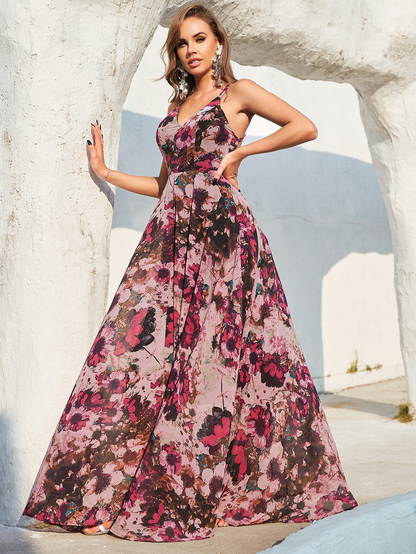 Floral Printed V Neck Long Evening Dress