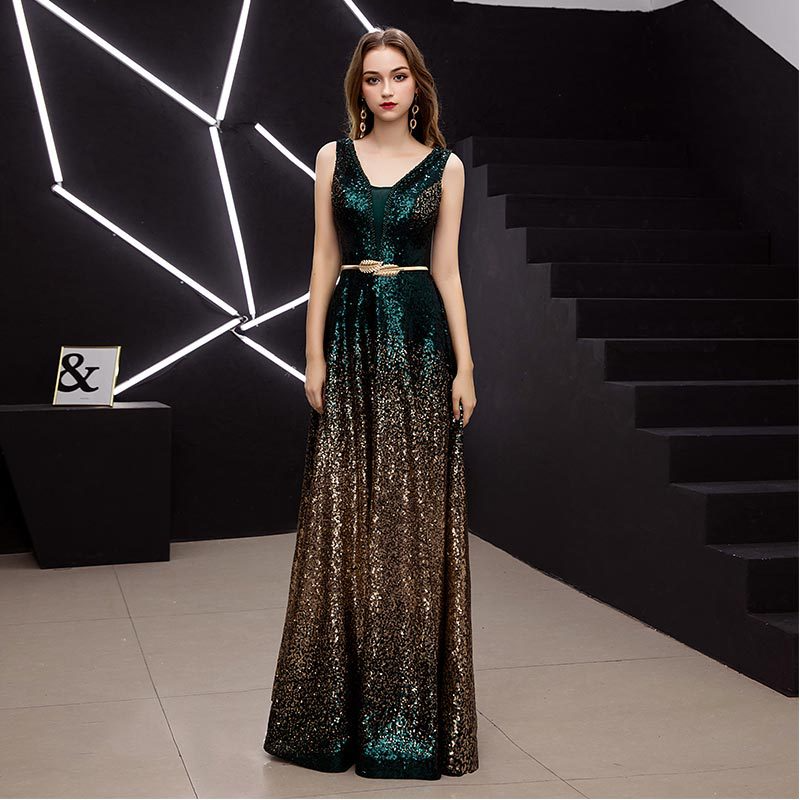 Sequined V Neck Sleeveless Evening Dress