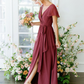 Indian Red V Neck Short Sleeves Slit Bridesmaid Dress