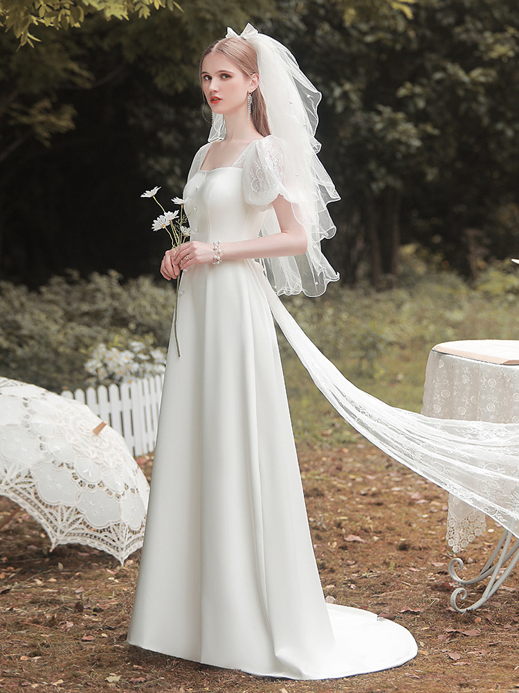 White Satin Short Puff Sleeves Long Wedding Dress