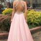 Pink Halter Neck Backless Sleeveless Evening Dress