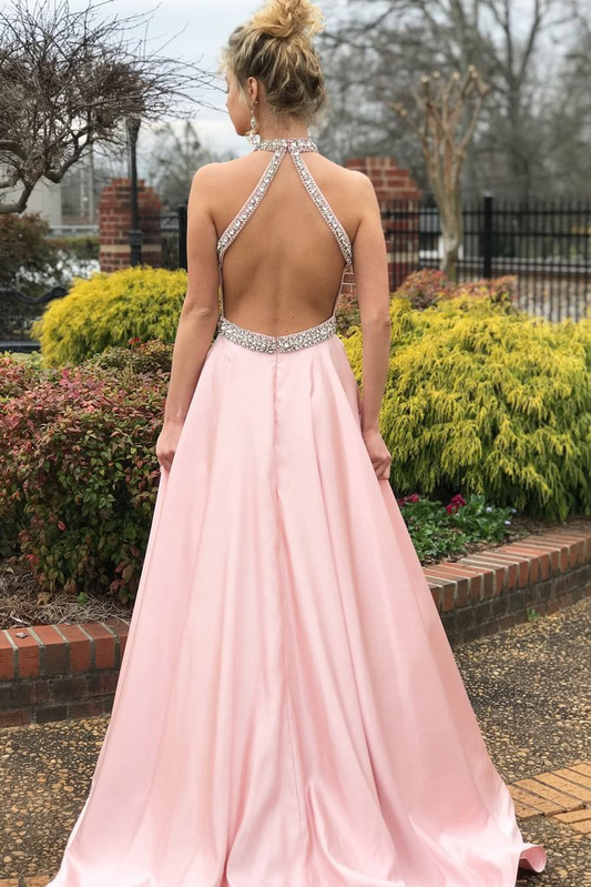 Pink Halter Neck Backless Sleeveless Evening Dress