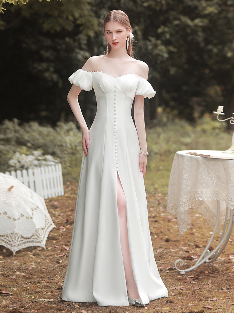 White Satin Off-Shoulder Long Slit Wedding Dress