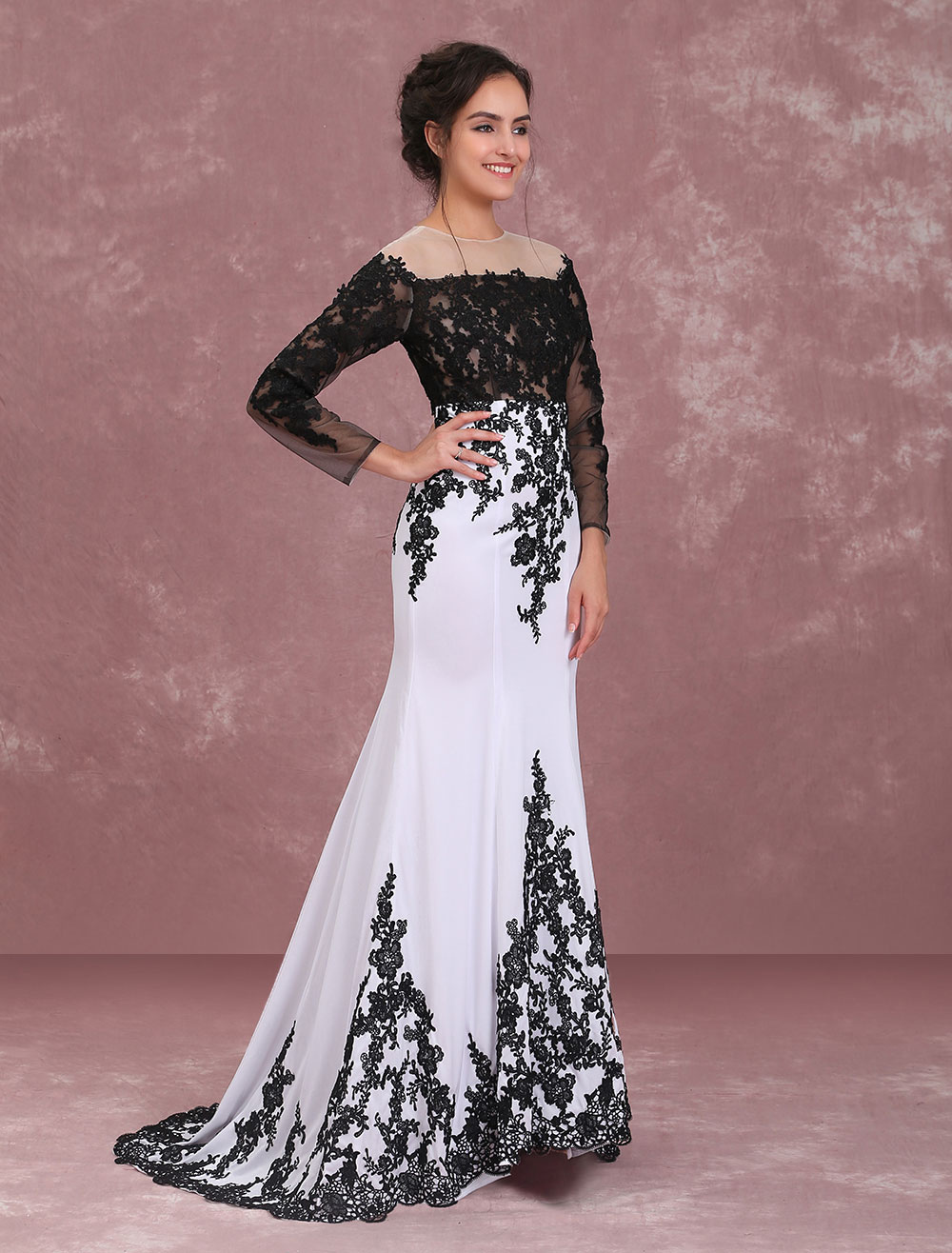 White Lace Black Embroidered Mermaid Prom Dress