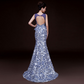 Blue Printed Backless Fishtail Long Evening Dress