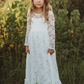 White Lace Long Sleeves Tie Back Kids Party Dress