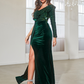 Velvet Oblique Shoulder Long Slit Evening Dress