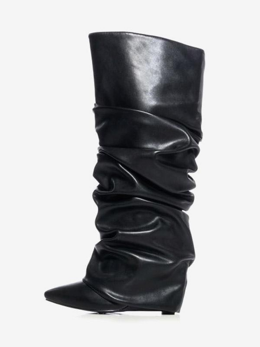 Stylish Pointed Toe Fold-Over Wedge Heel Knee-High Boots