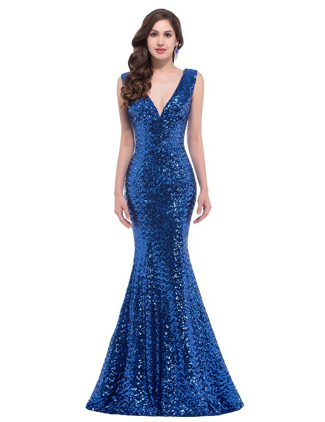 Sequin Deep V Neck Sleeveless Mermaid Evening Dress