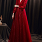 Dark Red Deep V Neck Long Puff Sleeves Prom Dress