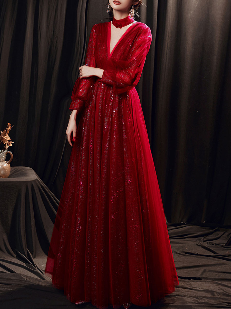 Dark Red Deep V Neck Long Puff Sleeves Prom Dress