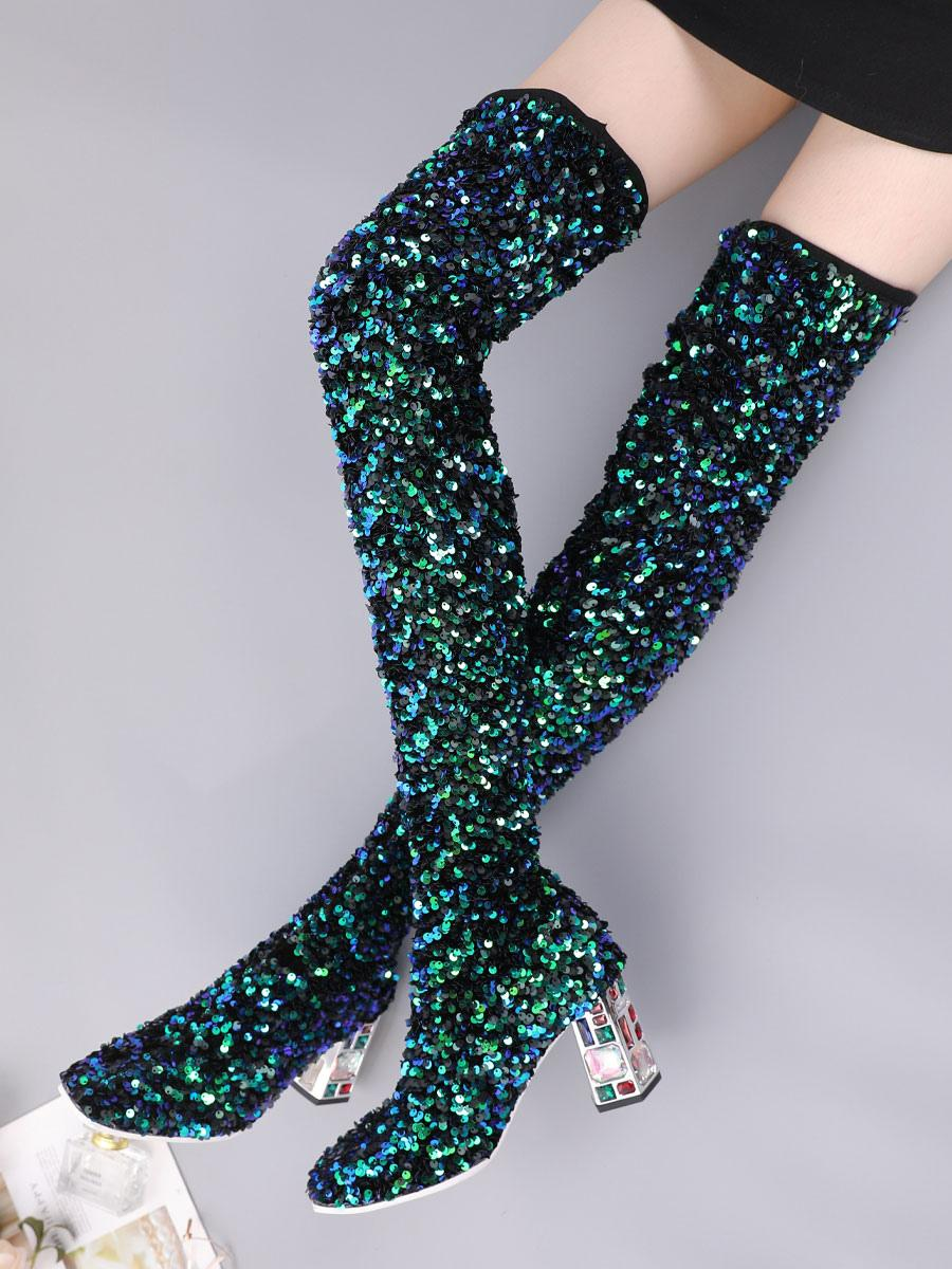 Chic Square Toe Sequined Over-The-Knee Winter Boots