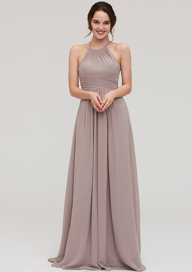 Tan Hanging Neck Sleeveless Maxi Bridesmaid Dress