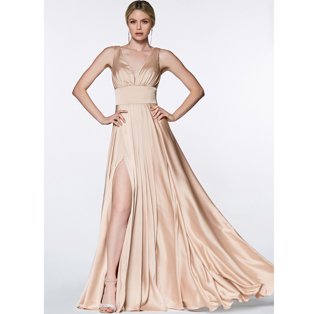 Deep V Neck Sleeveless Pleated Evening Slit Dress