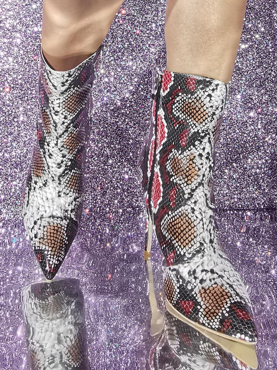 Snake Pattern Pointed Toe Ankle Boots