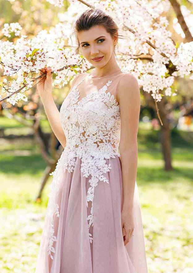 Peach Puff Appliqued Sleeveless Long Prom Dress