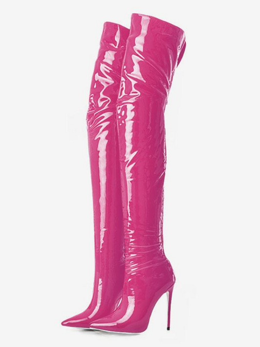 Women's Patent Bright Leather Thigh-High Stiletto Boots with Pointed Toe