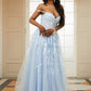 Appliqued Light Blue Off-Shoulder Long Evening Dress