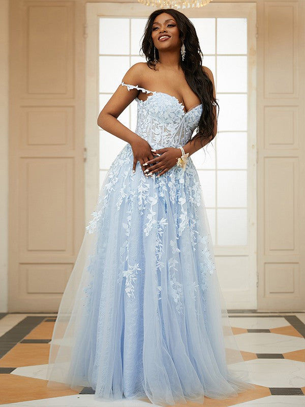 Appliqued Light Blue Off-Shoulder Long Evening Dress