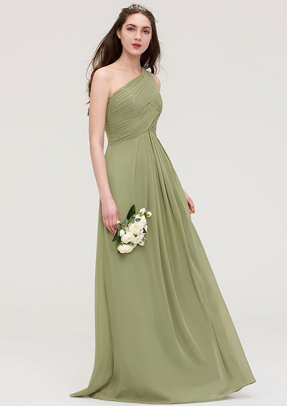 Dark Khaki Oblique Shoulder Sleeveless Bridesmaid Dress