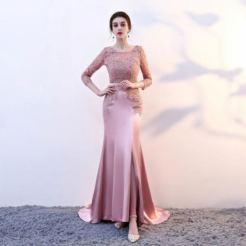 Pink Lace Embroidered Fishtail Evening Dress