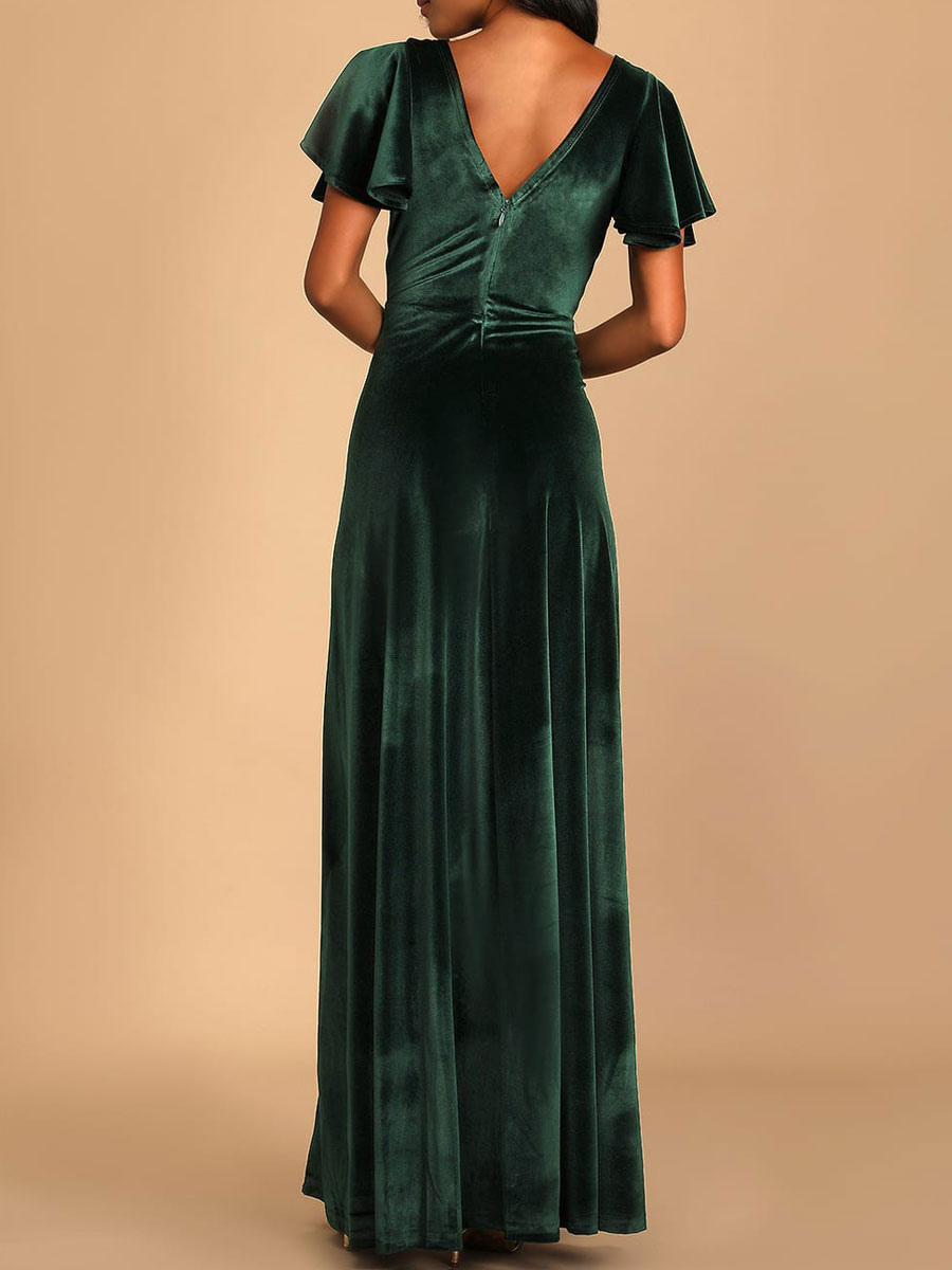 Dark Green V Neck Deep Back Short Sleeves Bridesmaid Dress