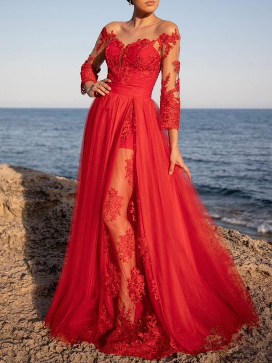 Red Floral Embroidered Evening Dress