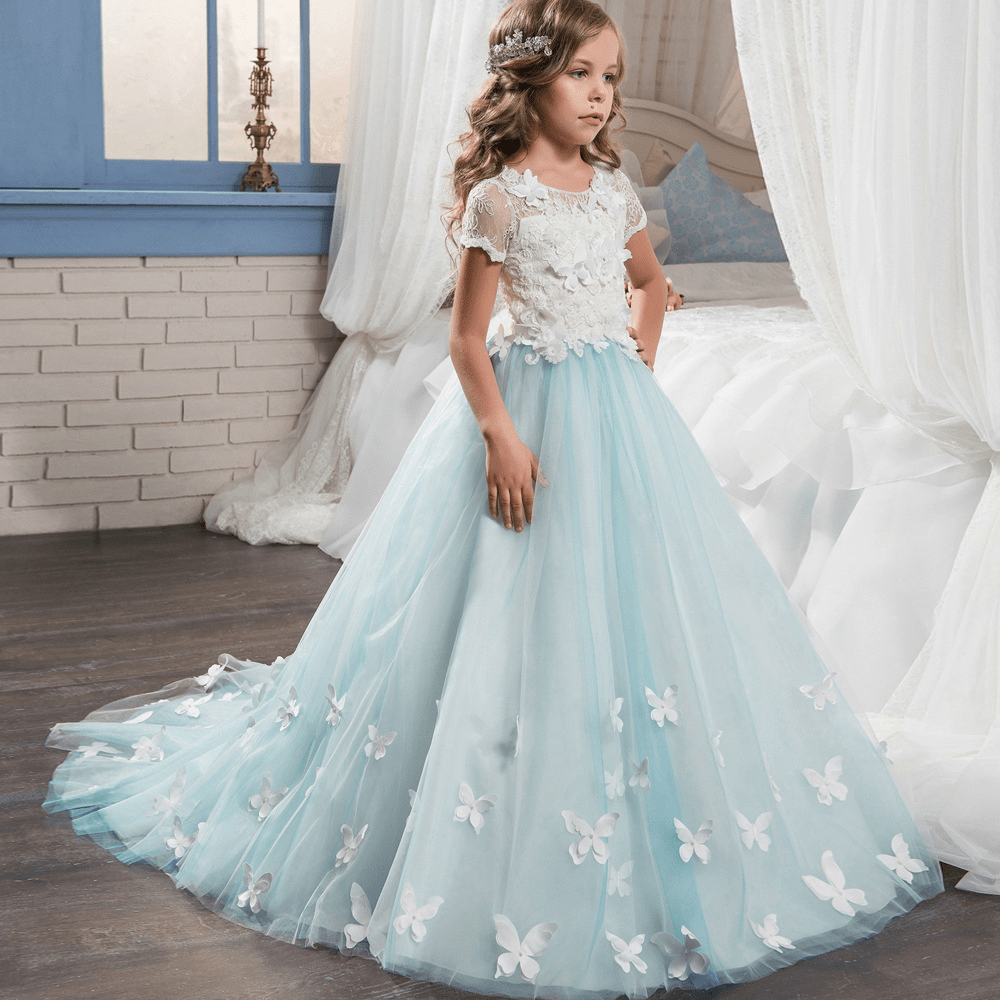 Alice Blue Butterfly Appliqued Short Sleeves Kids Wedding Dress