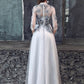 Light Gray Lace Flower Applique Half Sleeves Prom Dress