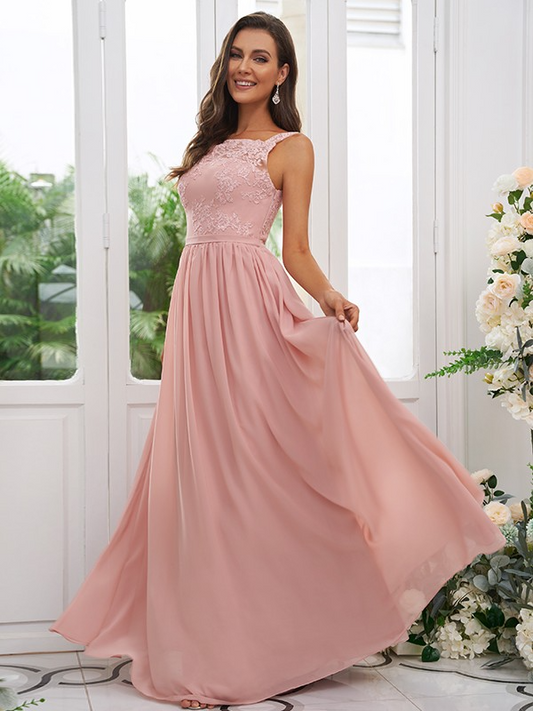 Lace Applique Square Neck Sleeveless Maxi Bridesmaid Dress