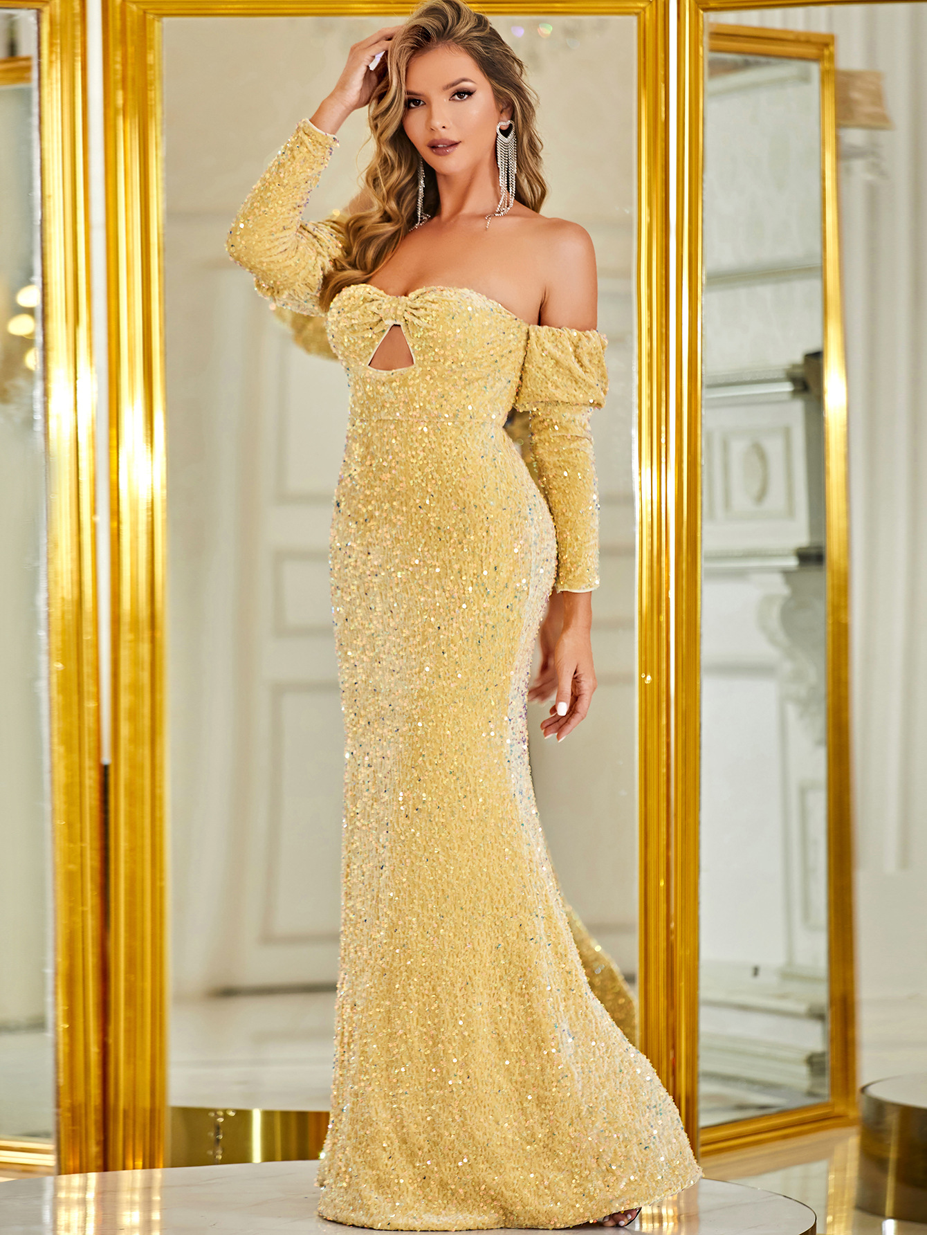 Sequin Off-Shoulder Full Sleeves Long Evening Dress