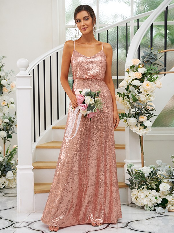 Sequin Spaghetti Strap Sleeveless Maxi Bridesmaid Dress