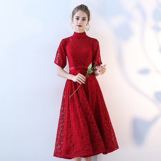 High Neck Short Sleeves Short Evening Dress