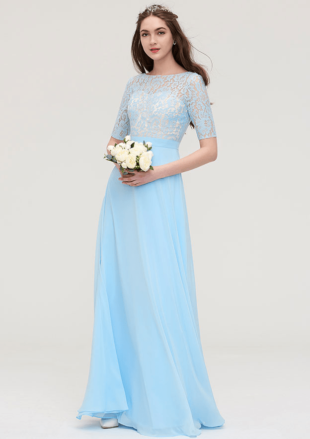 A-Line Sky Blue Lace Half Sleeves Maxi Bridesmaid Dress