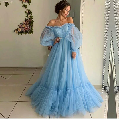 Mesh Off-Shoulder Long Puff Sleeves Evening Dress