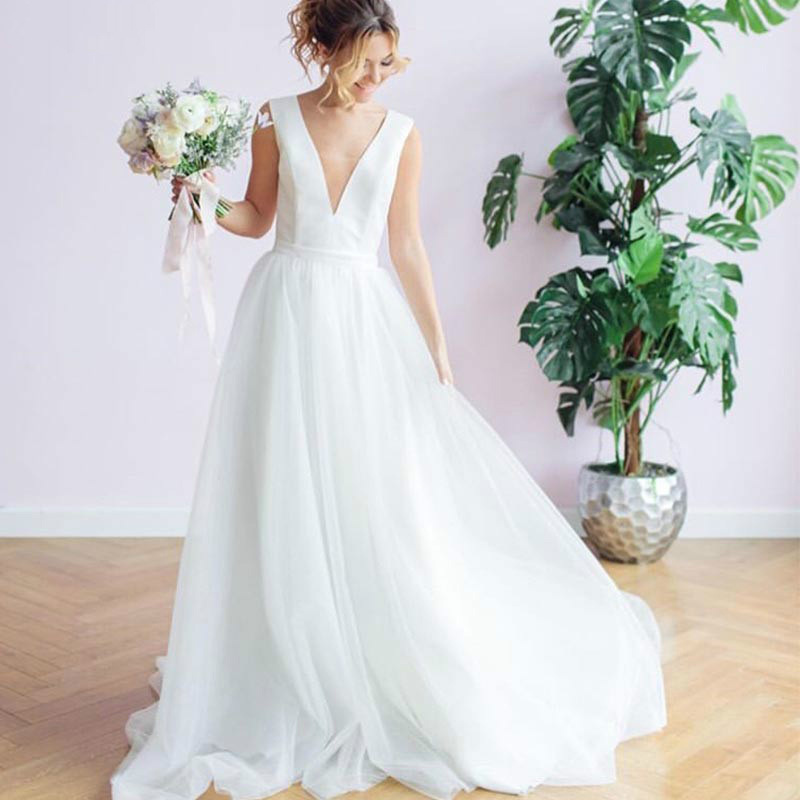 Deep V Neck Open Back Wedding Dress