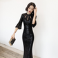 Black Sequin Long Sleeves Fishtail Evening Dress