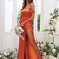 Satin Off-Shoulder Sleeveless Maxi Bridesmaid Slit Dress