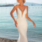 Ivory Deep V-Neck Sleeveless Brush Train Bridal Gown Dress