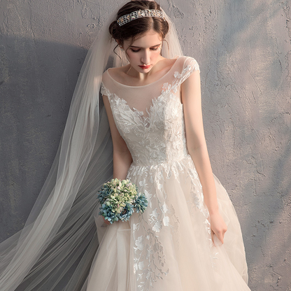 Ivory Round Neck Lace Embroidered Wedding Dress