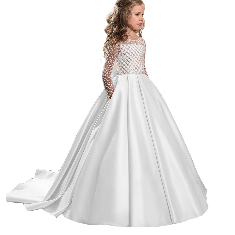 Satin Beaded Long Sleeves Kids Wedding Dress