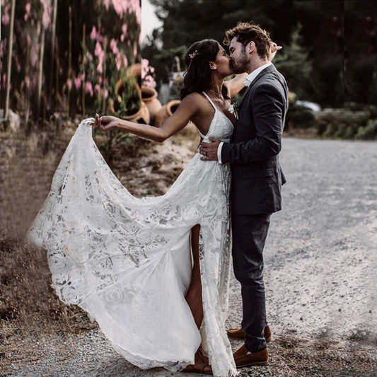 Lace White Backless Wedding Dress