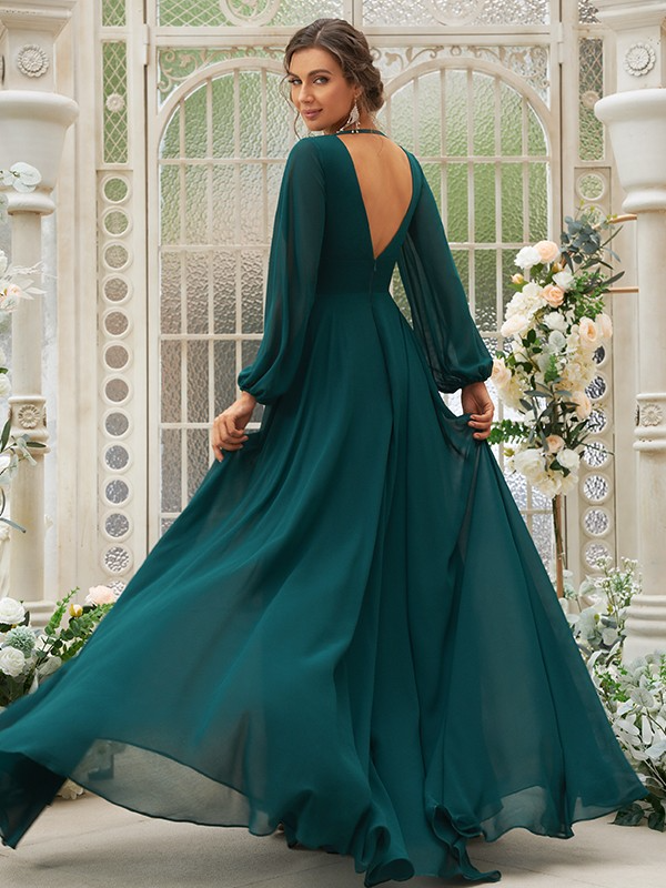 Deep V-Neck Long Sleeves Maxi Bridesmaid Dress