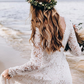 Ivory Lace Deep V Neck Long Sleeves Brush Train Wedding Dress