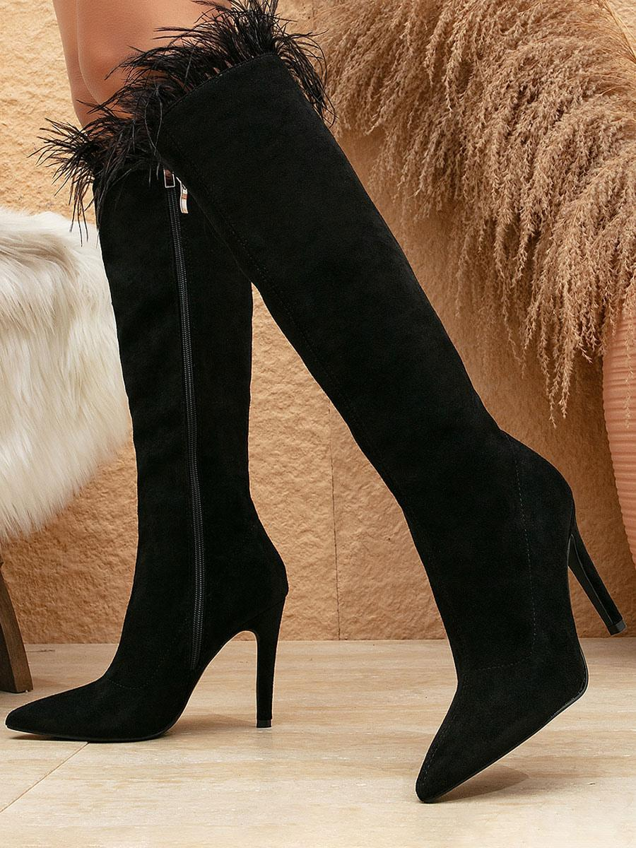 Pointed Toe High Heel Boots with Feather Detail