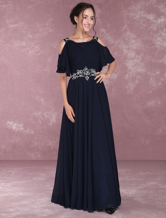 Navy Chiffon Beading Cold Shoulder Pleated Bridesmaid Dress