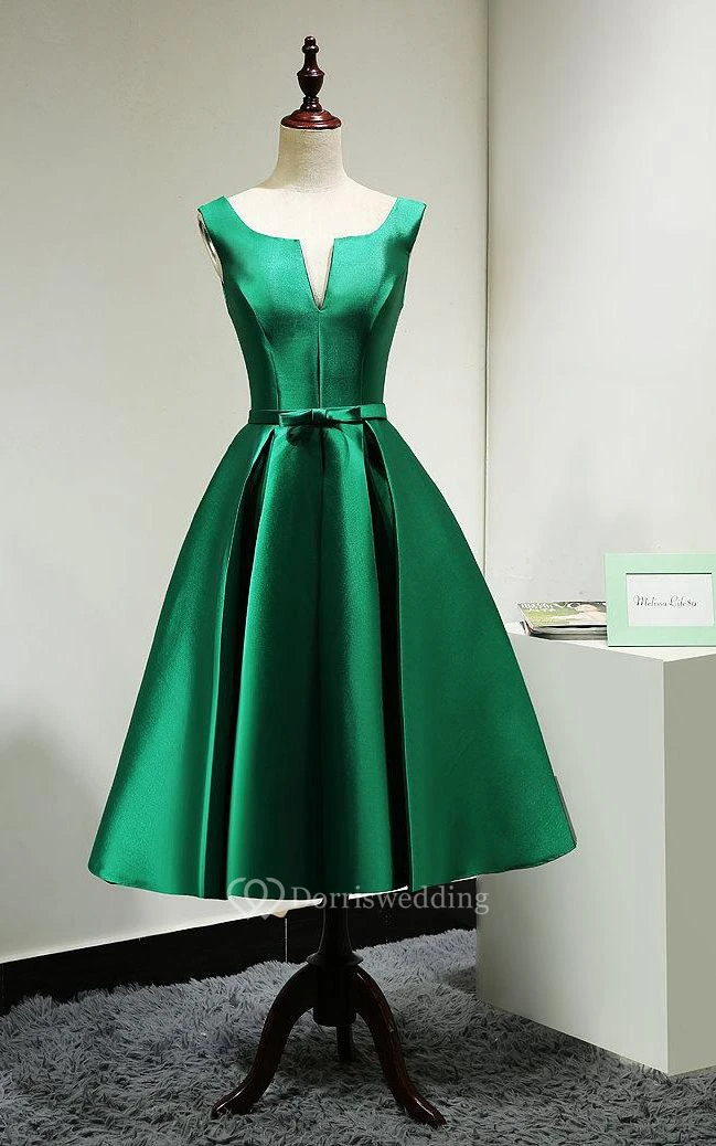 Green V Neck Pleated A-line Satin Tea Length Dress